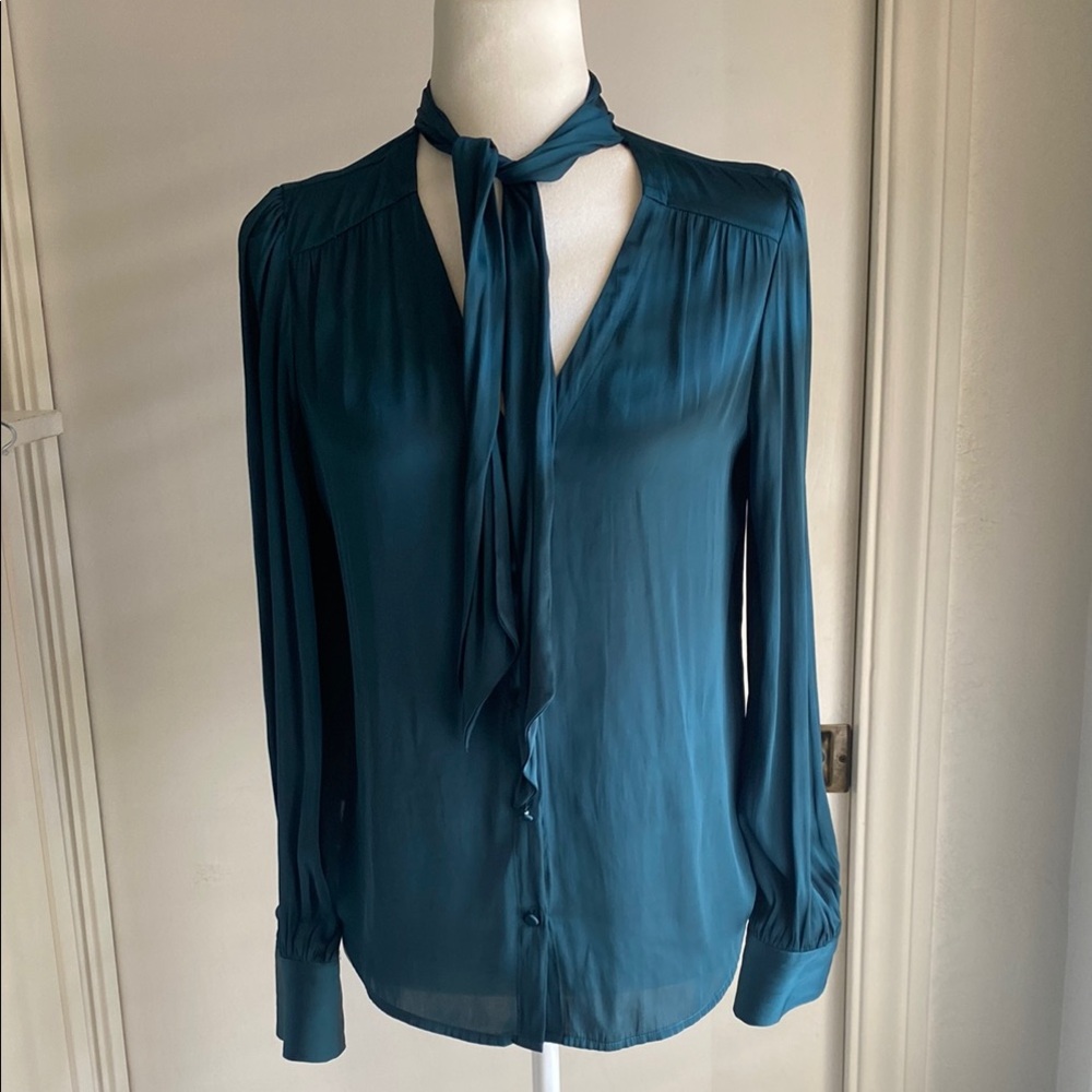PAIGE Teal Cuffed Sleeve Blouse with Tie Front